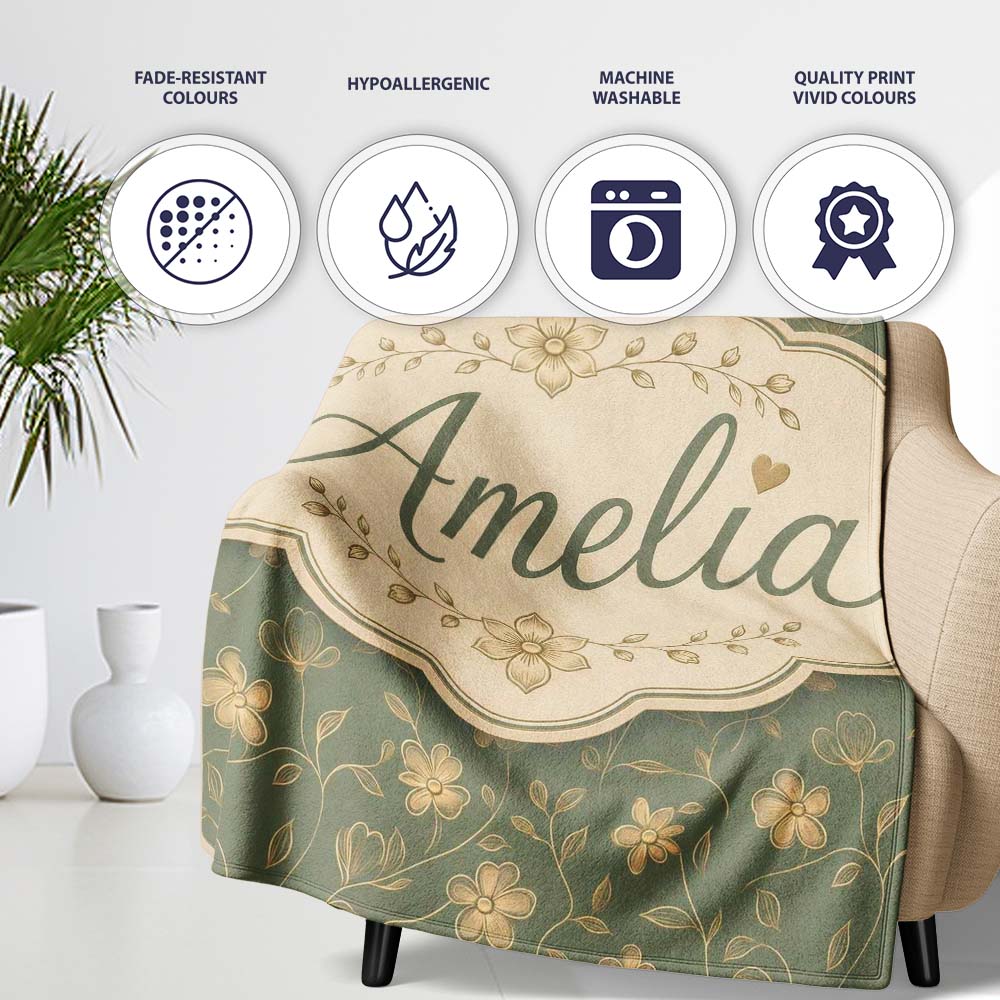 Vintage Olive Floral Vine Pattern with Soft Gold Detailed Flowers Personalised Custom Name Super Soft Fleece Blanket Bed Sofa Throw