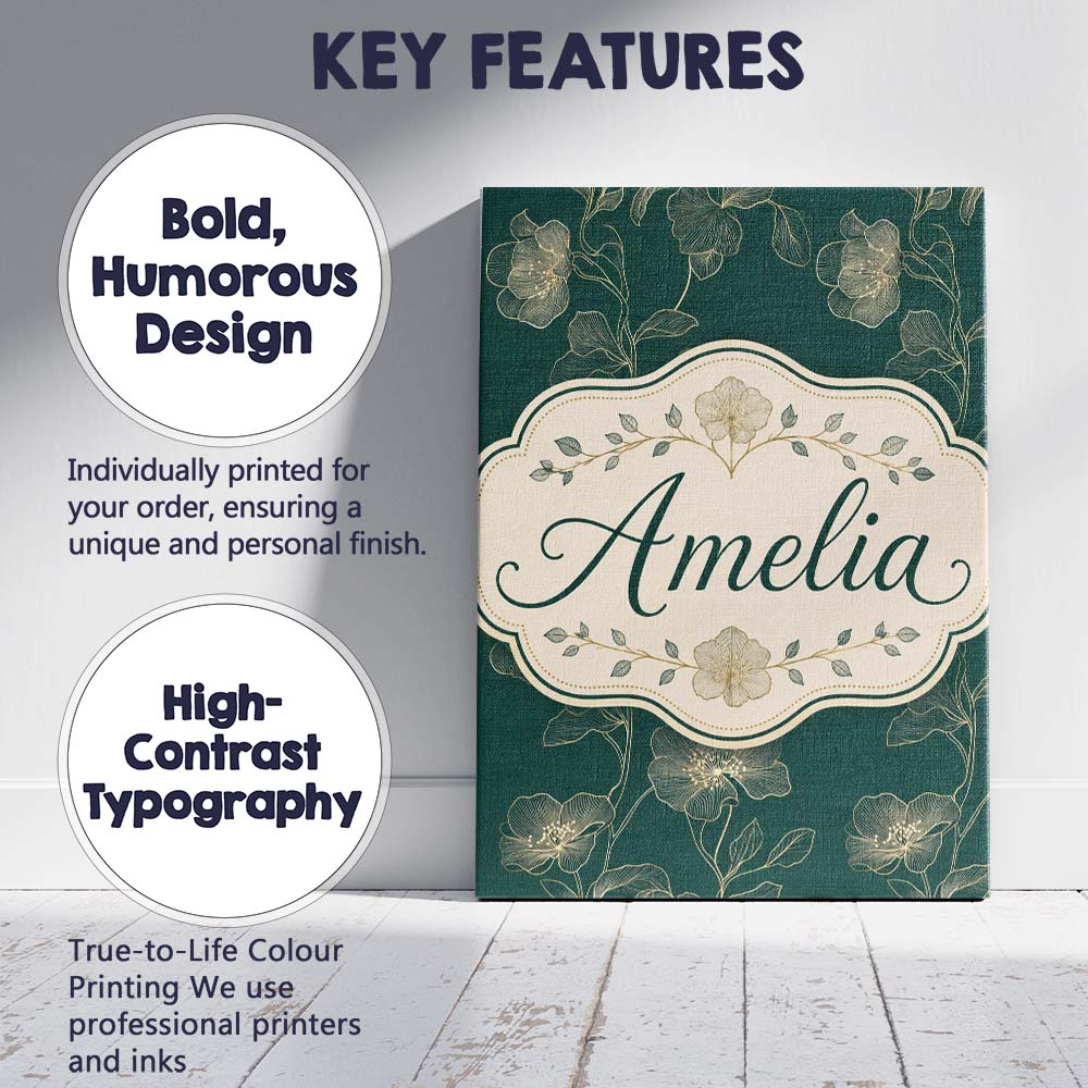 Personalised Name Elegant Deep Green Floral Custom Bespoke Interior Contemporary Canvas Wall Art Print Decor Picture Ready to Hang