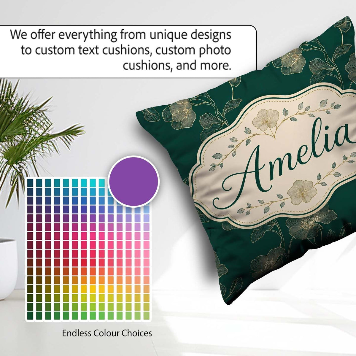 Custom Name Elegant Deep Green Floral Pattern with Gold Line Art Square Filled Cushion Throw Pillow Sofa Bed Home Decor Zip Washable UK Made