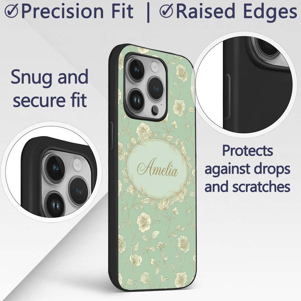 Refined Teal Botanical Pattern with Flowing Gold Custom Name Protective Phone Case Mobile Cover Durable Everyday Smartphone Shock Resistant