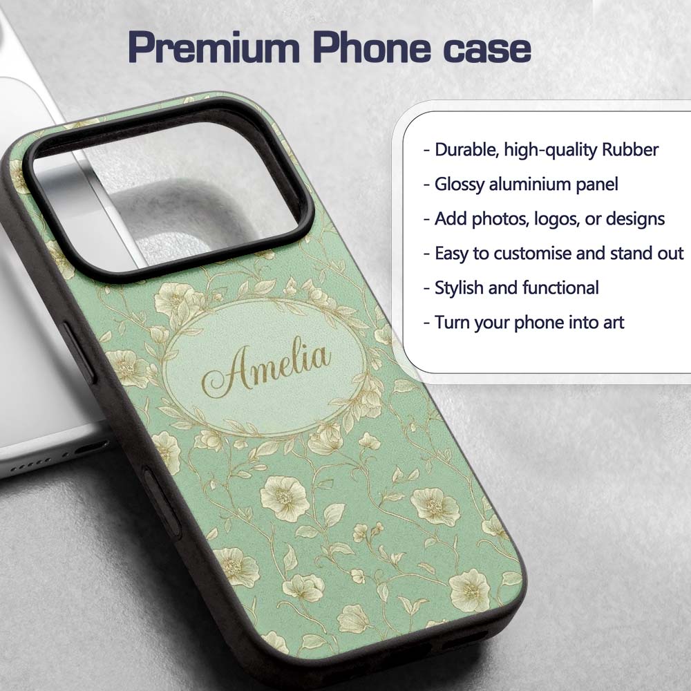 Refined Teal Botanical Pattern with Flowing Gold Custom Name Protective Phone Case Mobile Cover Durable Everyday Smartphone Shock Resistant
