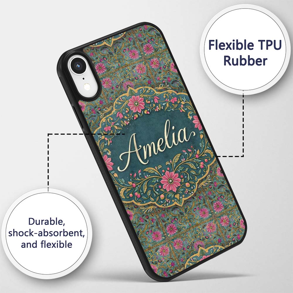 Teal Pink Decorative Floral Tile Printed Design Custom Name Protective Phone Case Mobile Cover Durable Everyday Smartphone Shock Resistant