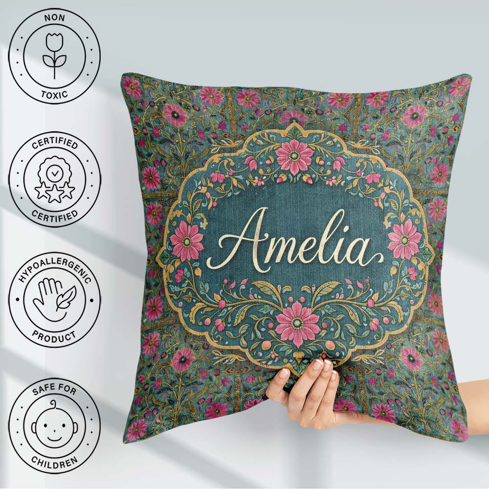 Custom Name Teal Pink Decorative Floral Tile Pattern Symmetrical Square Filled Cushion Throw Pillow Sofa Bed Home Decor Zip Washable UK Made