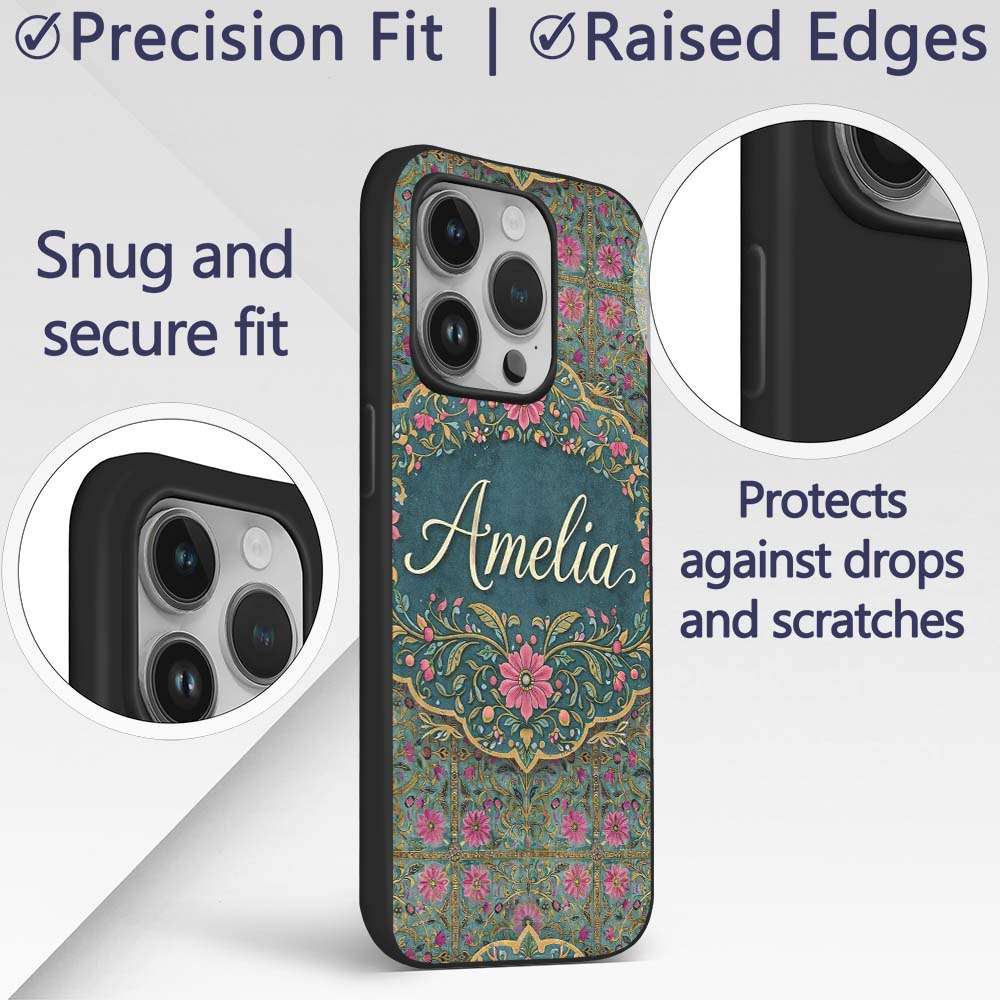 Teal Pink Decorative Floral Tile Printed Design Custom Name Protective Phone Case Mobile Cover Durable Everyday Smartphone Shock Resistant