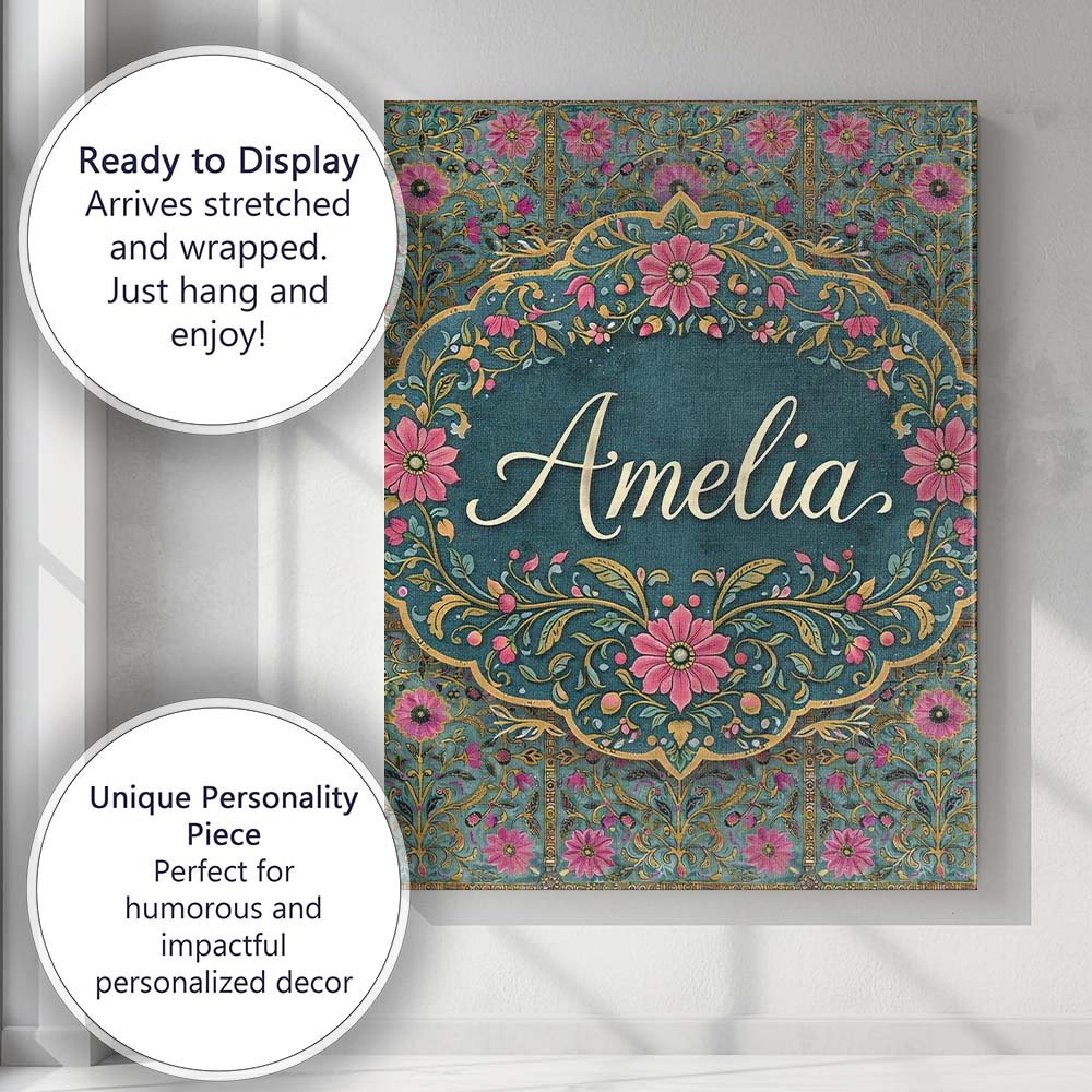 Personalised Name Teal Pink Decorative Floral Tile Pattern Symmetrical Custom Collection Canvas Wall Art Print Decor Picture Ready to Hang
