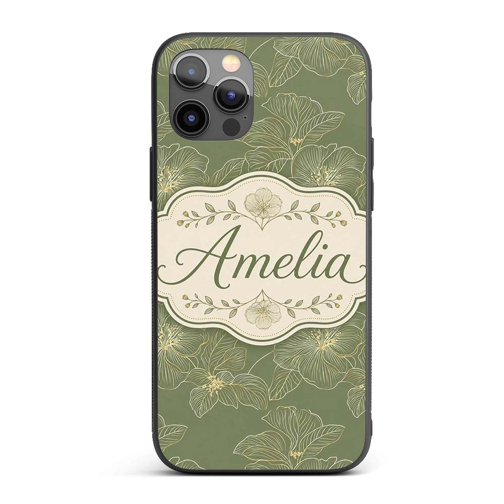 Muted Olive Green Floral Pattern with Elegant Custom Name Protective Phone Case Mobile Cover Durable Everyday Smartphone Shock Resistant