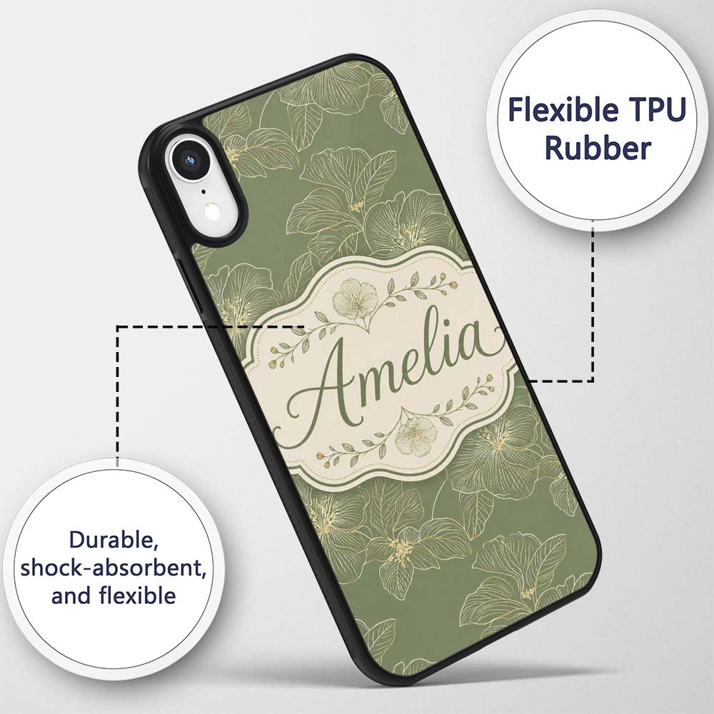 Muted Olive Green Floral Pattern with Elegant Custom Name Protective Phone Case Mobile Cover Durable Everyday Smartphone Shock Resistant