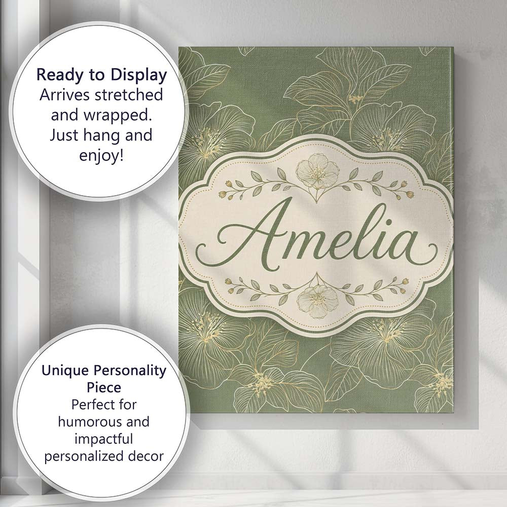 Personalised Name Muted Olive Green Floral Custom Unique Gift Idea Elegant Feature Canvas Wall Art Print Decor Picture Ready to Hang