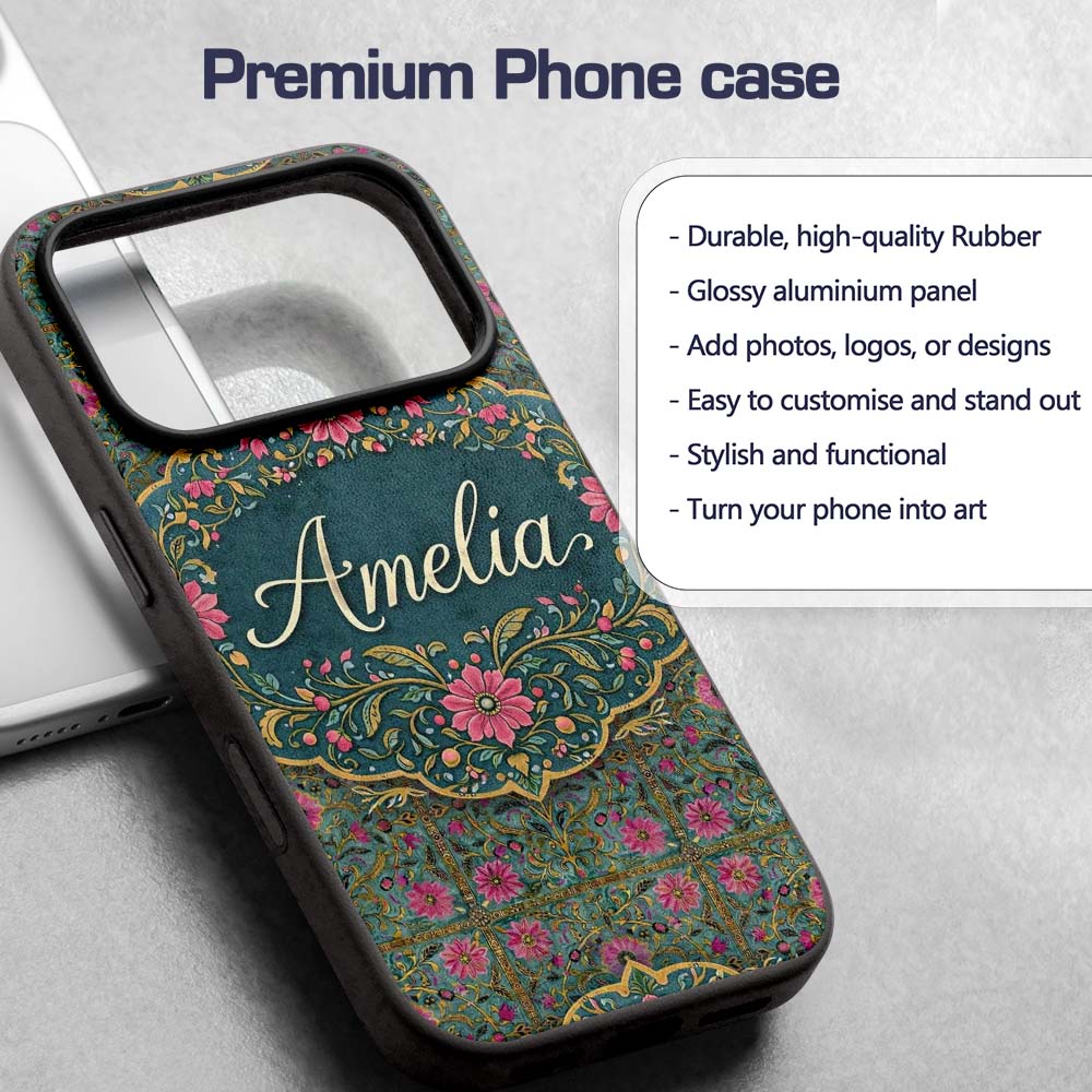 Teal Pink Decorative Floral Tile Printed Design Custom Name Protective Phone Case Mobile Cover Durable Everyday Smartphone Shock Resistant