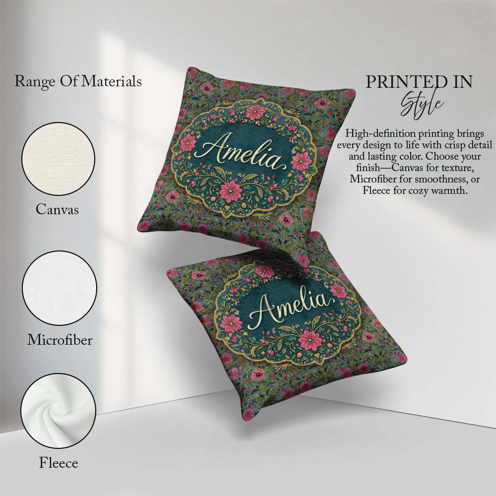 Custom Name Teal Pink Decorative Floral Tile Pattern Symmetrical Square Filled Cushion Throw Pillow Sofa Bed Home Decor Zip Washable UK Made