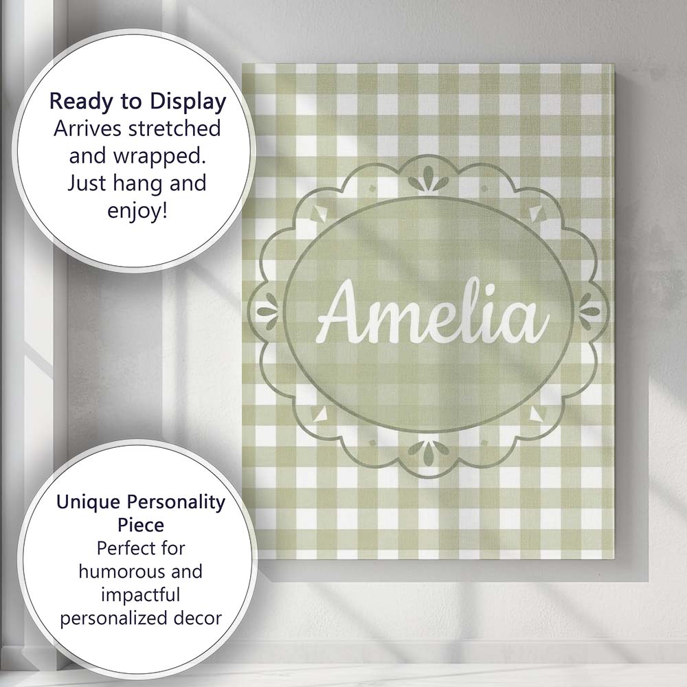 Personalised Name Soft Sage Green Gingham Custom Unique Gift Idea Elegant Feature Canvas Wall Art Print Decor Picture Ready to Hang
