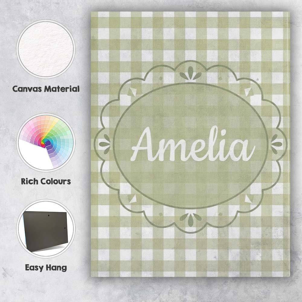 Personalised Name Soft Sage Green Gingham Custom Unique Gift Idea Elegant Feature Canvas Wall Art Print Decor Picture Ready to Hang