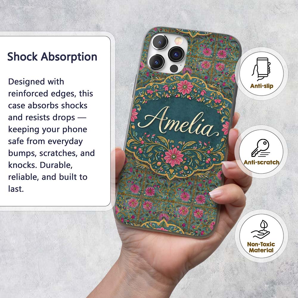 Teal Pink Decorative Floral Tile Printed Design Custom Name Protective Phone Case Mobile Cover Durable Everyday Smartphone Shock Resistant