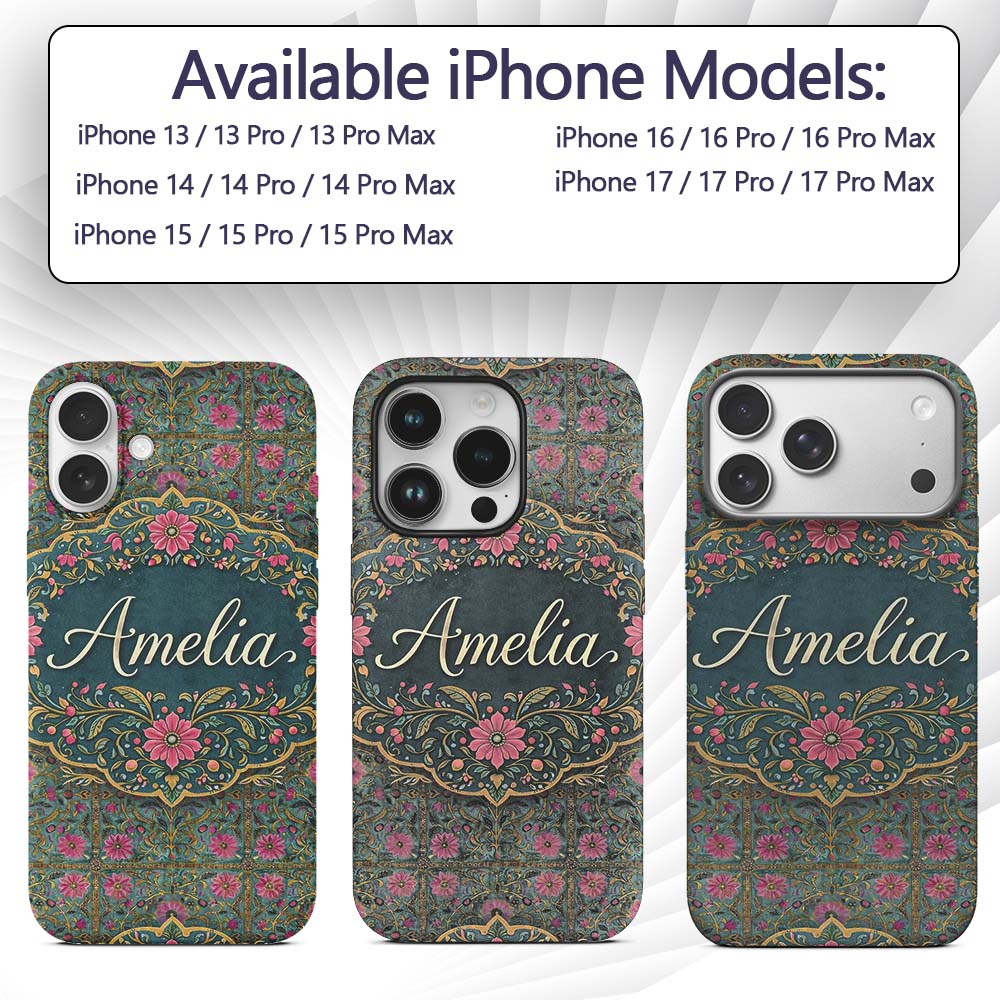Teal Pink Decorative Floral Tile Printed Design Custom Name Protective Phone Case Mobile Cover Durable Everyday Smartphone Shock Resistant
