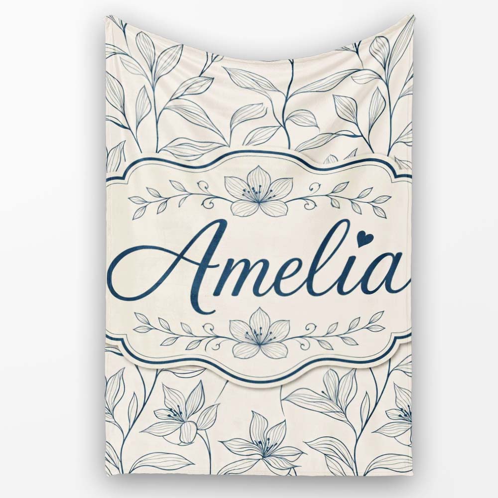 Elegant Beige Botanical Line Art Leaves Pattern with Floral Stems Personalised Custom Name Super Soft Fleece Blanket Bed Sofa Throw