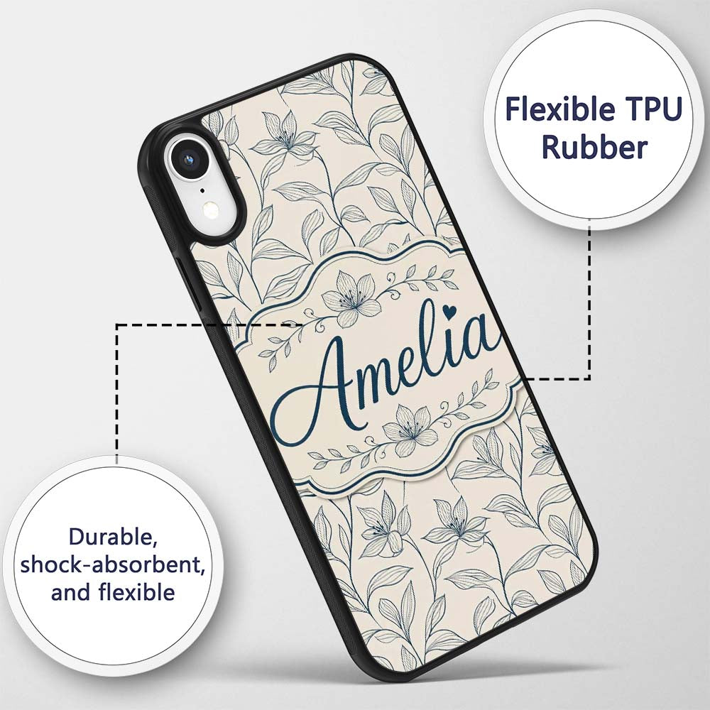 Elegant Beige Botanical Line Art Leaves Pattern Custom Name Protective Phone Case Mobile Cover Durable Everyday Smartphone Shock Resistant