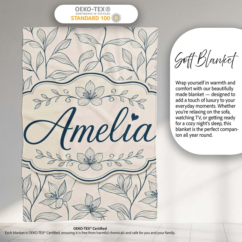 Elegant Beige Botanical Line Art Leaves Pattern with Floral Stems Personalised Custom Name Super Soft Fleece Blanket Bed Sofa Throw