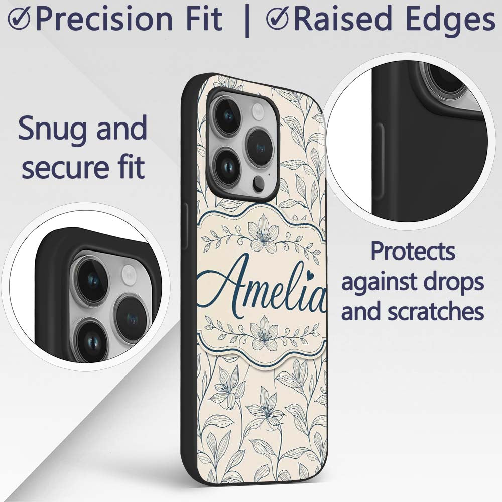 Elegant Beige Botanical Line Art Leaves Pattern Custom Name Protective Phone Case Mobile Cover Durable Everyday Smartphone Shock Resistant