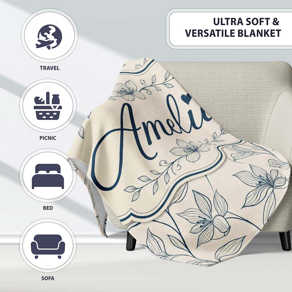 Elegant Beige Botanical Line Art Leaves Pattern with Floral Stems Personalised Custom Name Super Soft Fleece Blanket Bed Sofa Throw