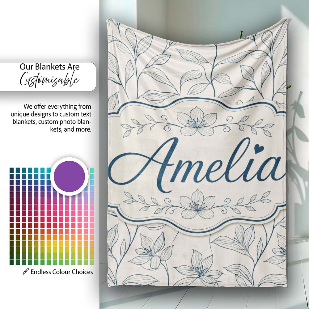 Elegant Beige Botanical Line Art Leaves Pattern with Floral Stems Personalised Custom Name Super Soft Fleece Blanket Bed Sofa Throw