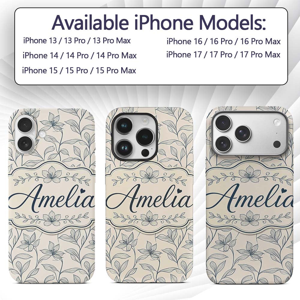Elegant Beige Botanical Line Art Leaves Pattern Custom Name Protective Phone Case Mobile Cover Durable Everyday Smartphone Shock Resistant