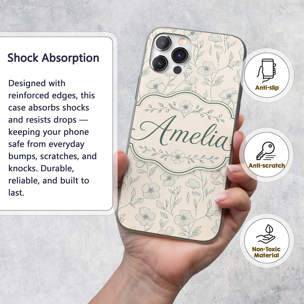 Delicate Neutral Floral Line Art Pattern with Custom Name Protective Phone Case Mobile Cover Durable Everyday Smartphone Shock Resistant