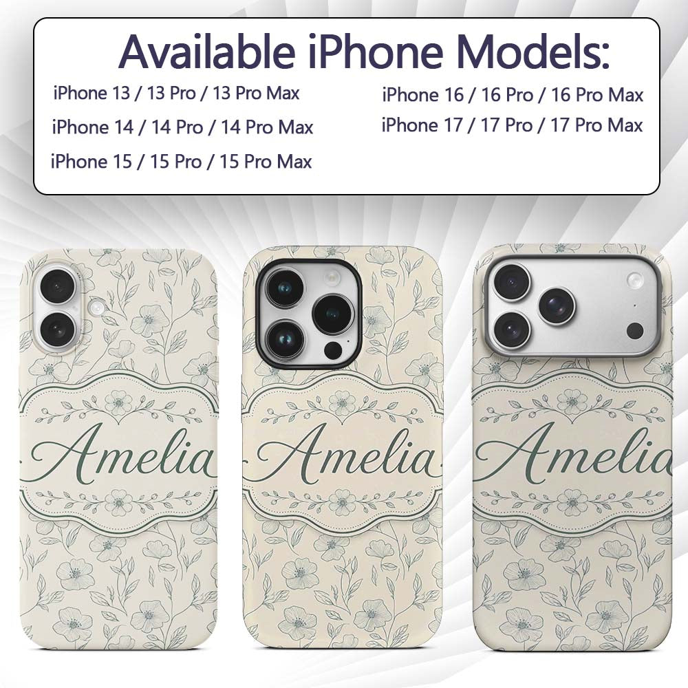 Delicate Neutral Floral Line Art Pattern with Custom Name Protective Phone Case Mobile Cover Durable Everyday Smartphone Shock Resistant
