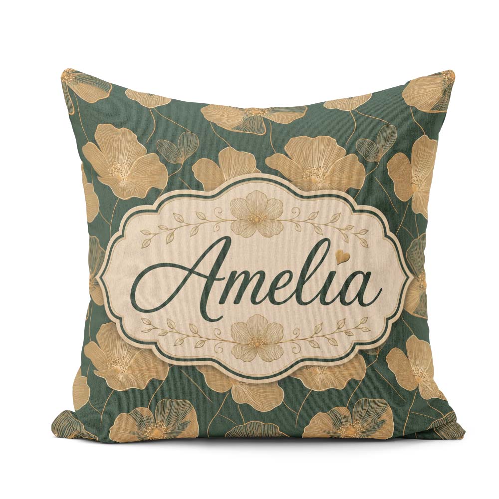 Custom Name Luxury Dark Green Floral Pattern with Large Gold Art Square Filled Cushion Throw Pillow Sofa Bed Home Decor Zip Washable UK Made