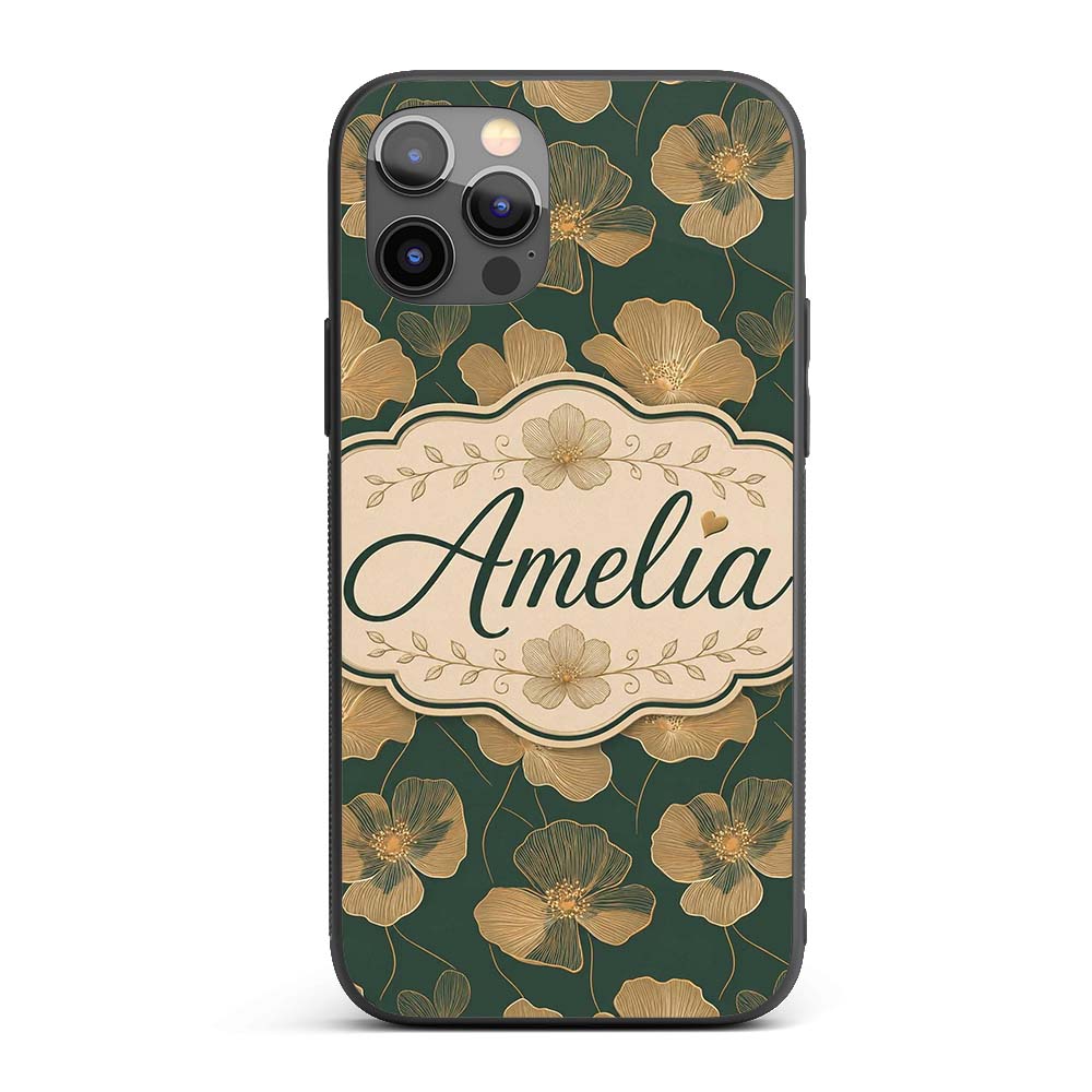 Luxury Dark Green Floral Pattern with Large Gold Custom Name Protective Phone Case Mobile Cover Durable Everyday Smartphone Shock Resistant