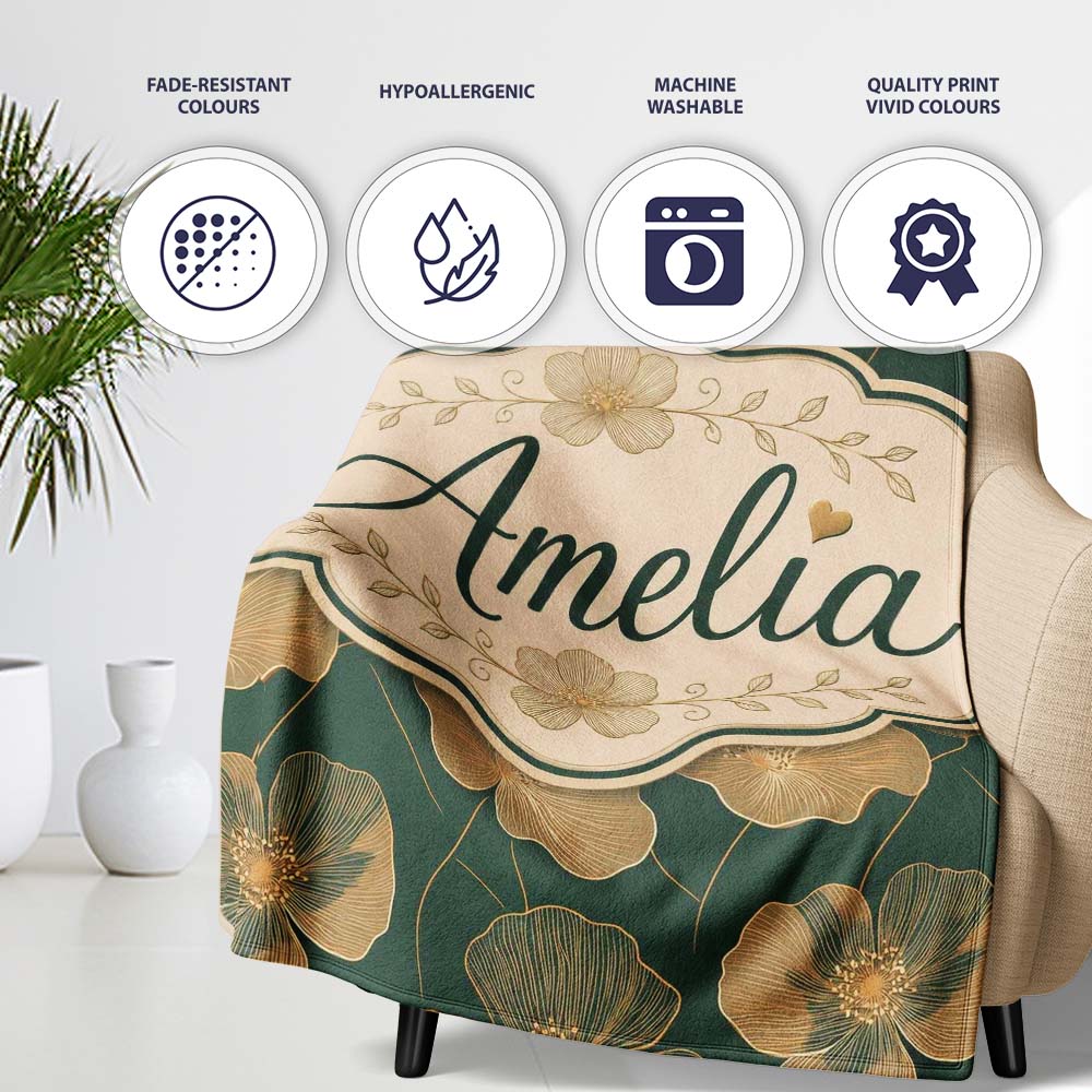 Luxury Dark Green Floral Pattern with Large Gold Line Art Blossoms Personalised Custom Name Super Soft Fleece Blanket Bed Sofa Throw