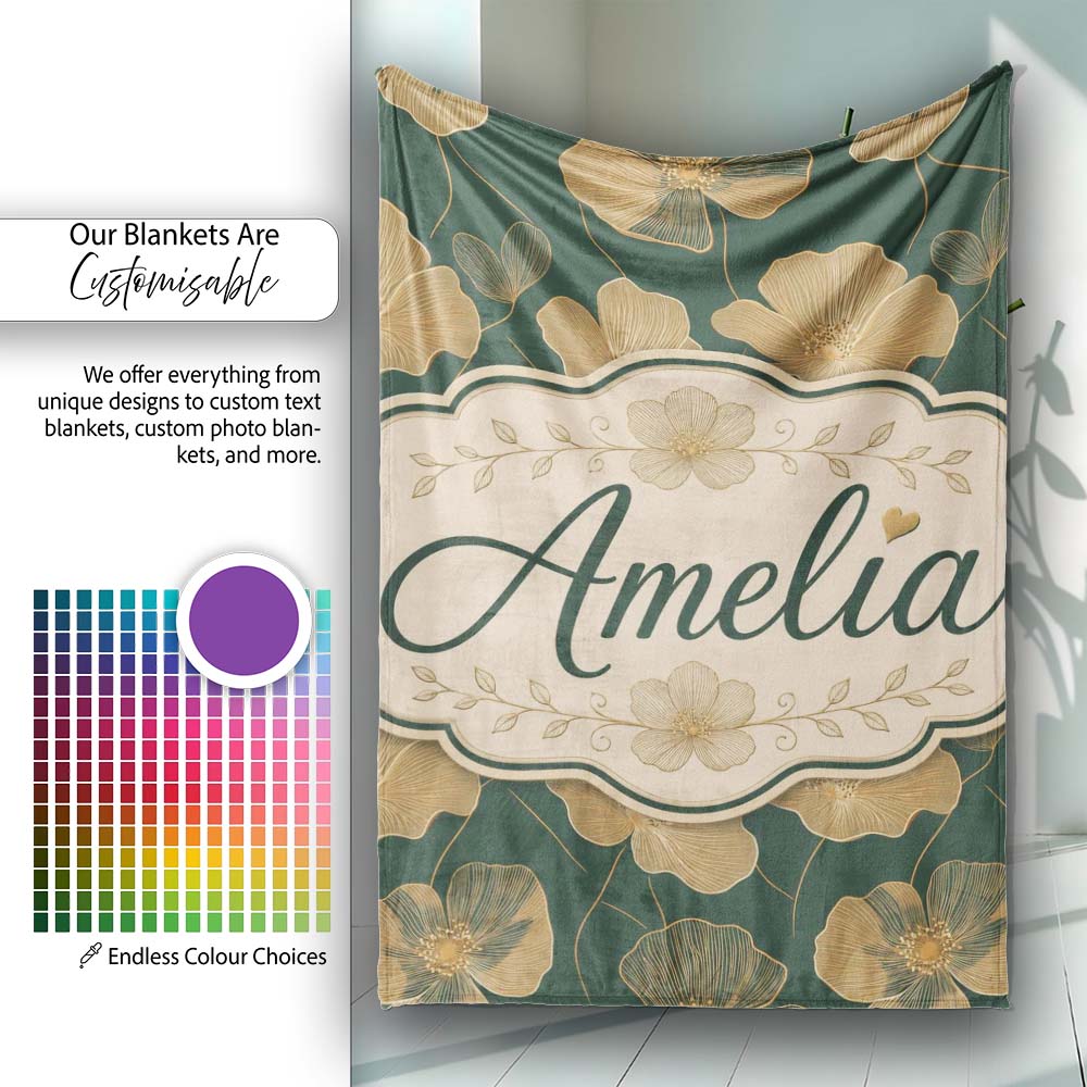 Luxury Dark Green Floral Pattern with Large Gold Line Art Blossoms Personalised Custom Name Super Soft Fleece Blanket Bed Sofa Throw