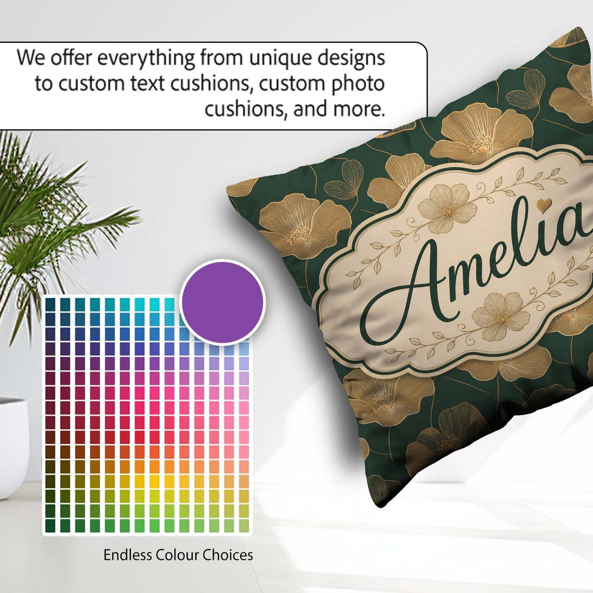 Custom Name Luxury Dark Green Floral Pattern with Large Gold Art Square Filled Cushion Throw Pillow Sofa Bed Home Decor Zip Washable UK Made