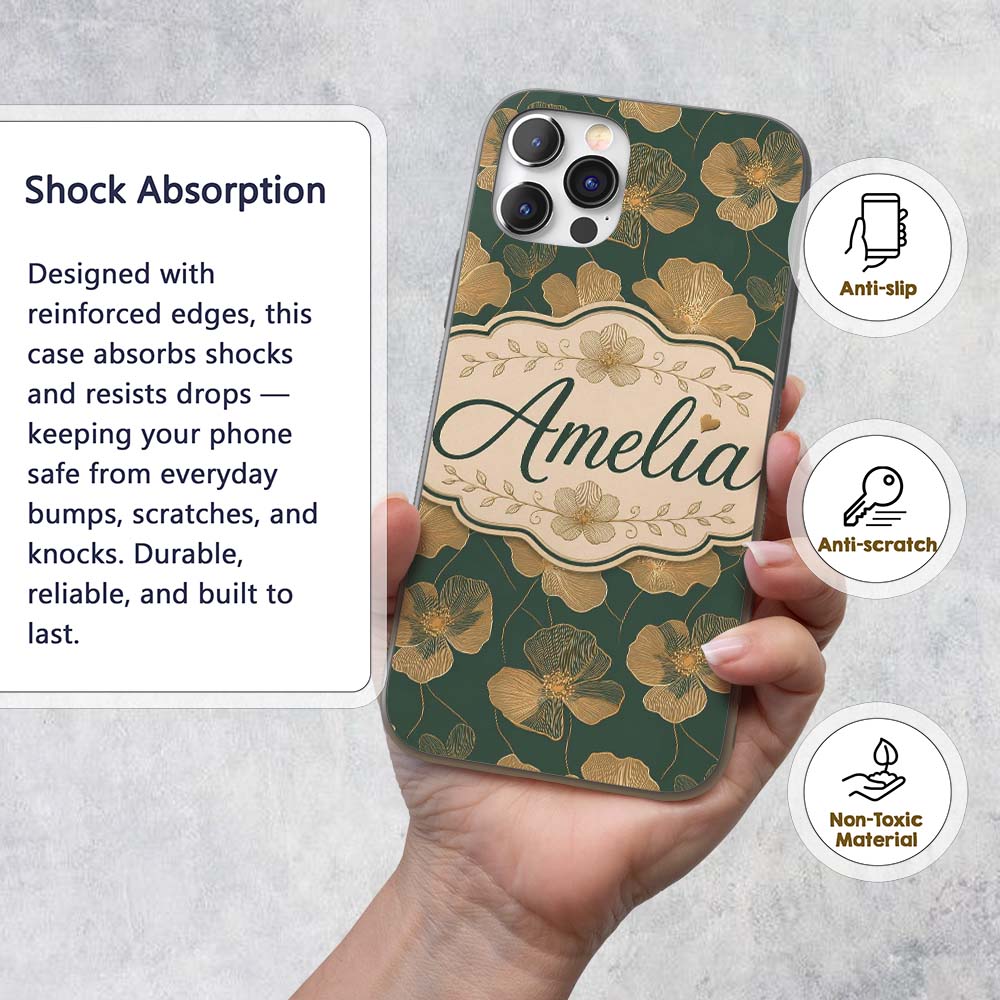 Luxury Dark Green Floral Pattern with Large Gold Custom Name Protective Phone Case Mobile Cover Durable Everyday Smartphone Shock Resistant