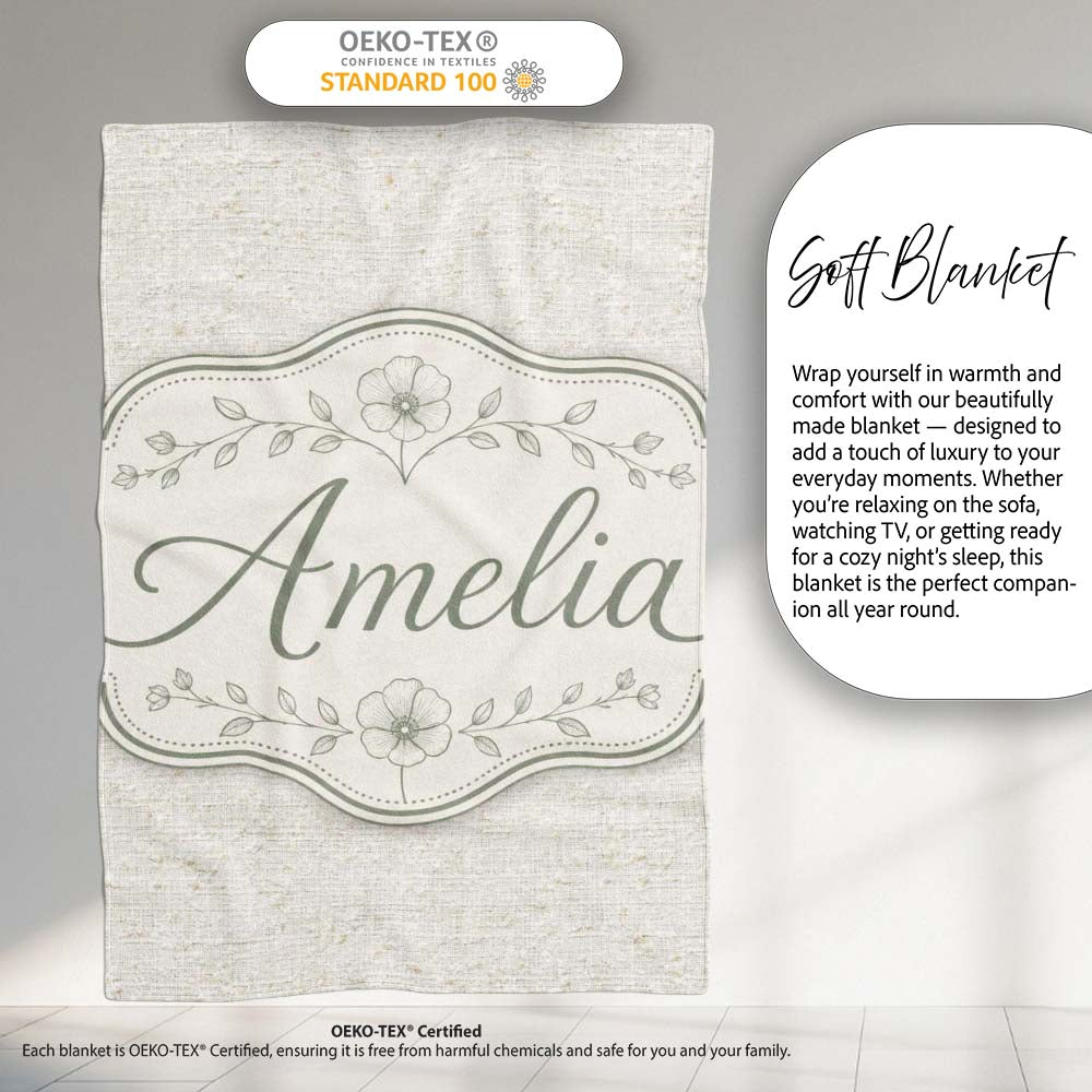 Natural Linen Texture Neutral Pattern with Subtle Woven Detail Personalised Custom Name Super Soft Fleece Blanket Bed Sofa Throw