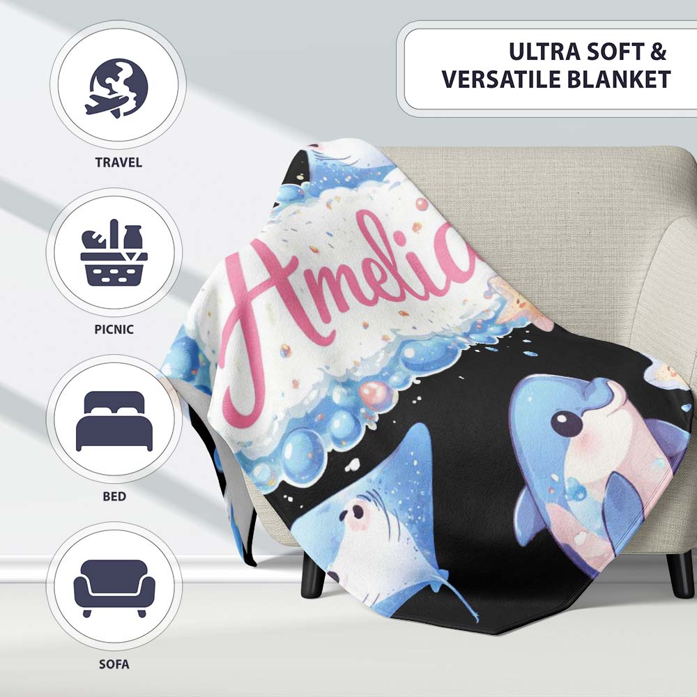 Cute Dolphin Stingray Starfish Cartoon Sea Life Pattern Black Lovely Personalised Custom Name Super Soft Fleece Blanket Bed Sofa Throw