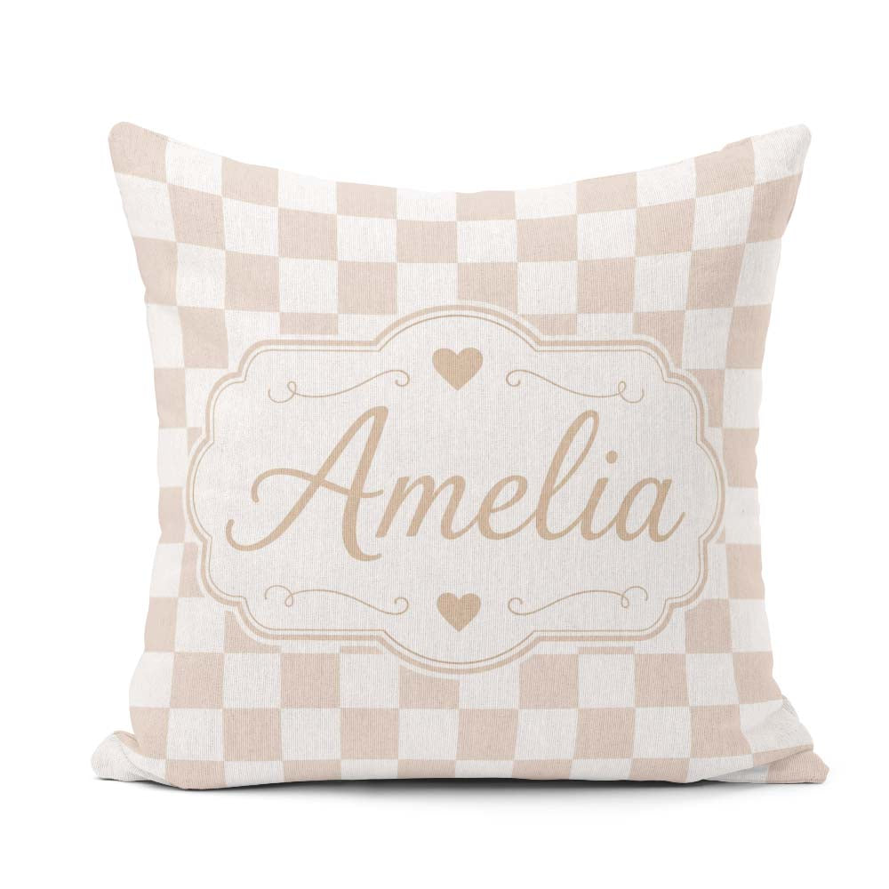 Custom Name Minimalist Neutral Checkerboard Pattern in Beige and Square Filled Cushion Throw Pillow Sofa Bed Home Decor Zip Washable UK Made