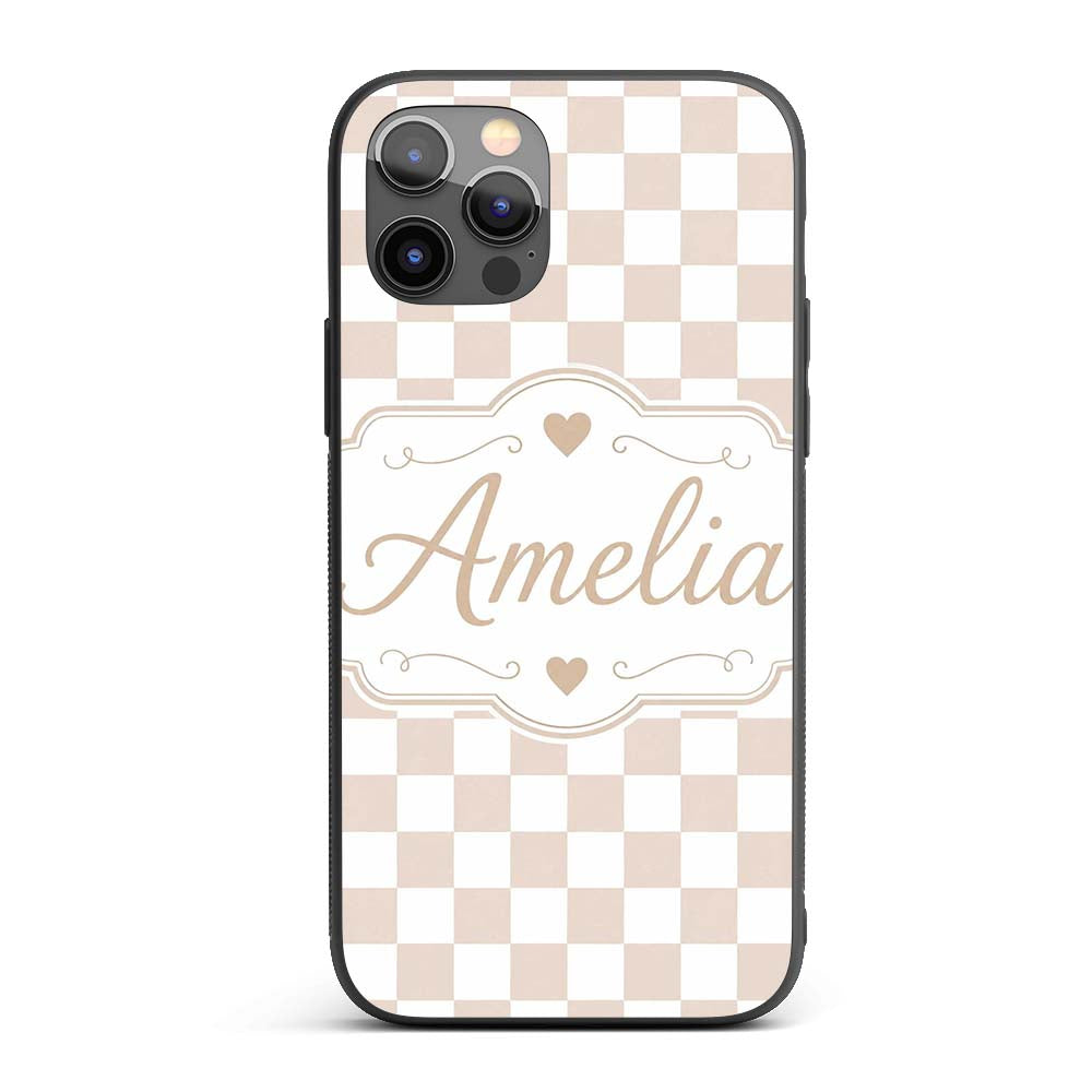 Minimalist Neutral Checkerboard Pattern in Beige Custom Name Protective Phone Case Mobile Cover Durable Everyday Smartphone Shock Resistant