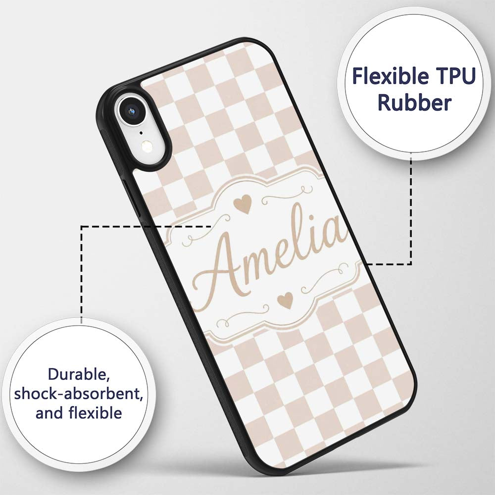 Minimalist Neutral Checkerboard Pattern in Beige Custom Name Protective Phone Case Mobile Cover Durable Everyday Smartphone Shock Resistant
