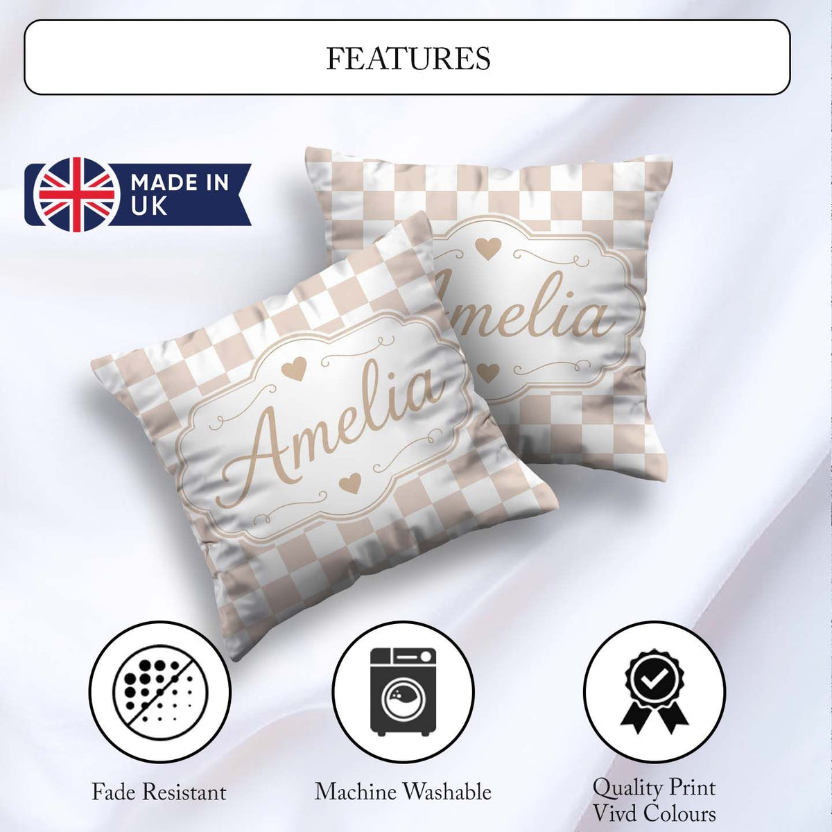 Custom Name Minimalist Neutral Checkerboard Pattern in Beige and Square Filled Cushion Throw Pillow Sofa Bed Home Decor Zip Washable UK Made