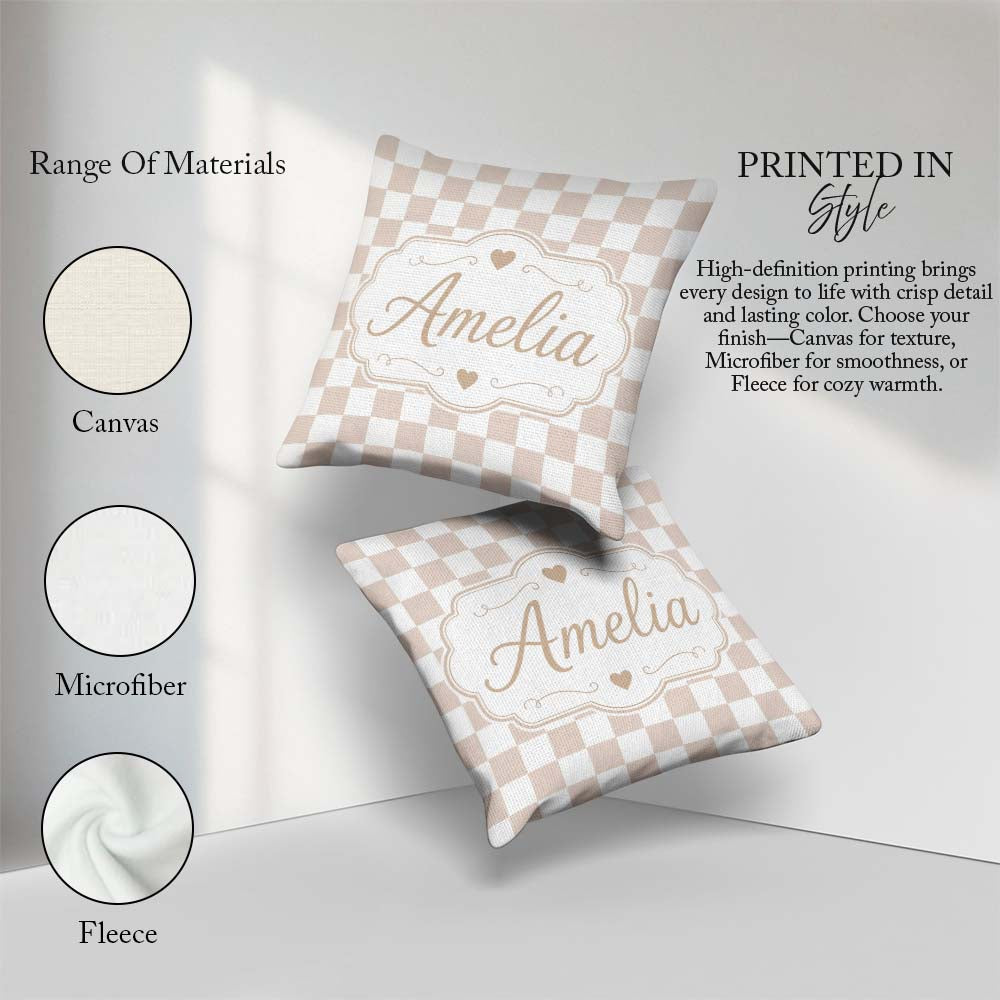 Custom Name Minimalist Neutral Checkerboard Pattern in Beige and Square Filled Cushion Throw Pillow Sofa Bed Home Decor Zip Washable UK Made