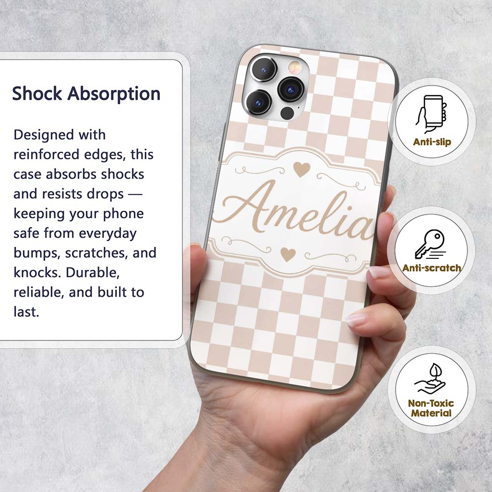 Minimalist Neutral Checkerboard Pattern in Beige Custom Name Protective Phone Case Mobile Cover Durable Everyday Smartphone Shock Resistant