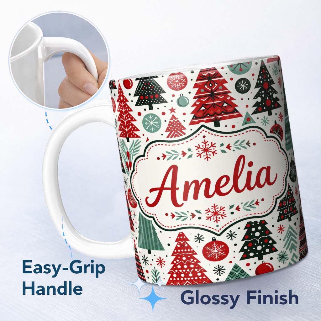 Personalized Custom Name Festive Red Green Christmas Trees with Snowflakes and Baubles Lovely 11oz Ceramic Coffee Tea Mug White Large Handle