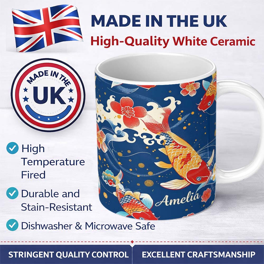 Personalized Custom Name Elegant Japanese Koi Fish with Cherry Blossom Waves Traditional 11oz Ceramic Coffee Tea Mug White Large Handle