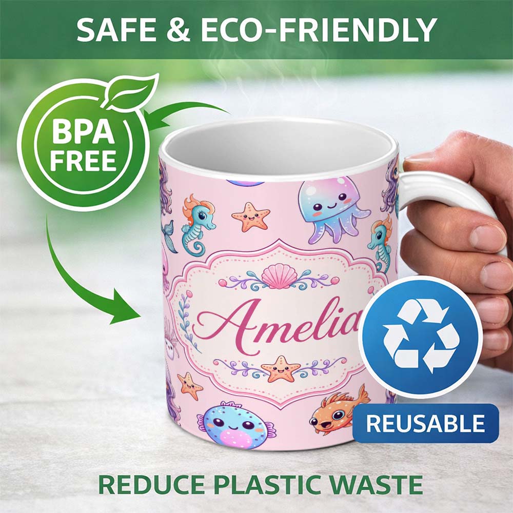 Personalized Custom Name Cute Cartoon Mermaid with Sea Creatures on Soft Pink Background Kids 11oz Ceramic Coffee Tea Mug White Large Handle