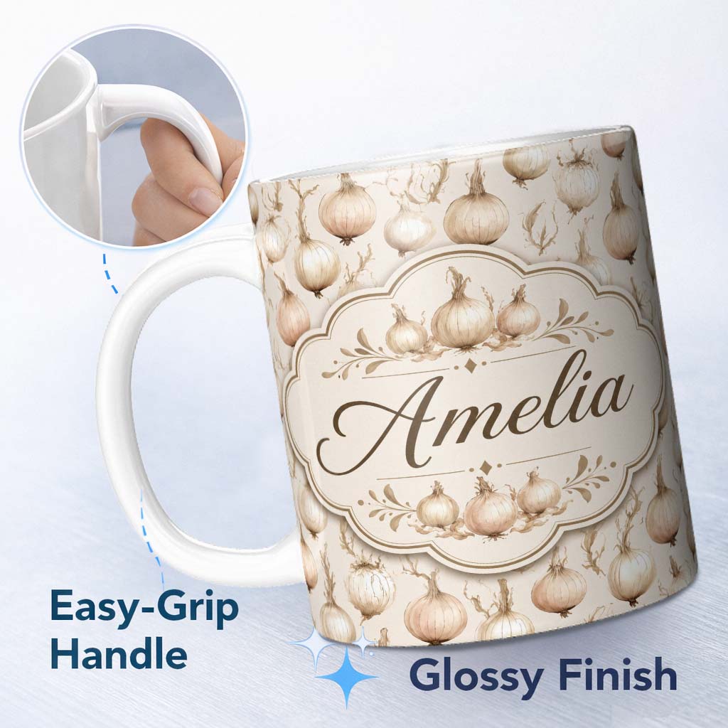 Personalized Custom Name Neutral Beige Onion Sketch Seamless Pattern Vintage Botanical Style 11oz Ceramic Coffee Tea Mug White Large Handle