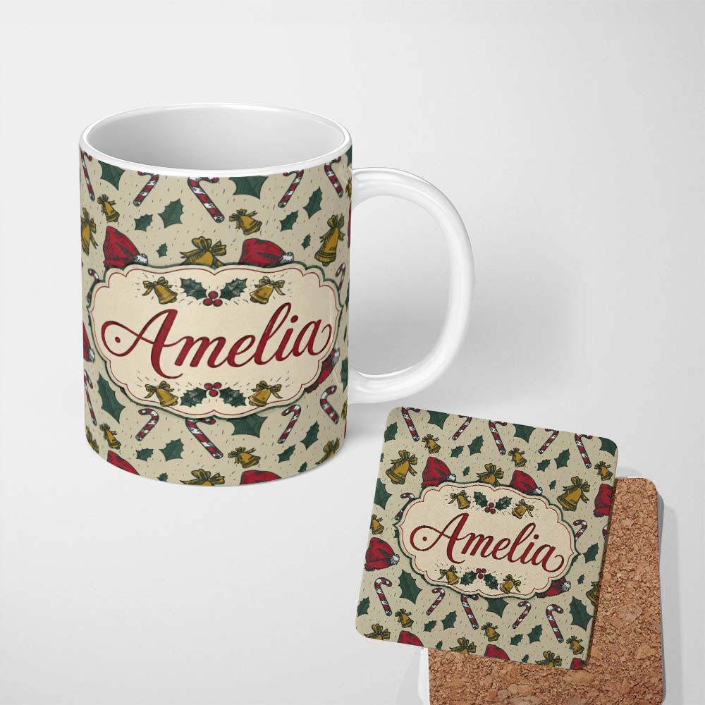 Personalized Custom Name Christmas Candy Cane Bells Santa Hat Seamless Pattern Lovely 11oz Ceramic Coffee Tea Mug White Large Handle