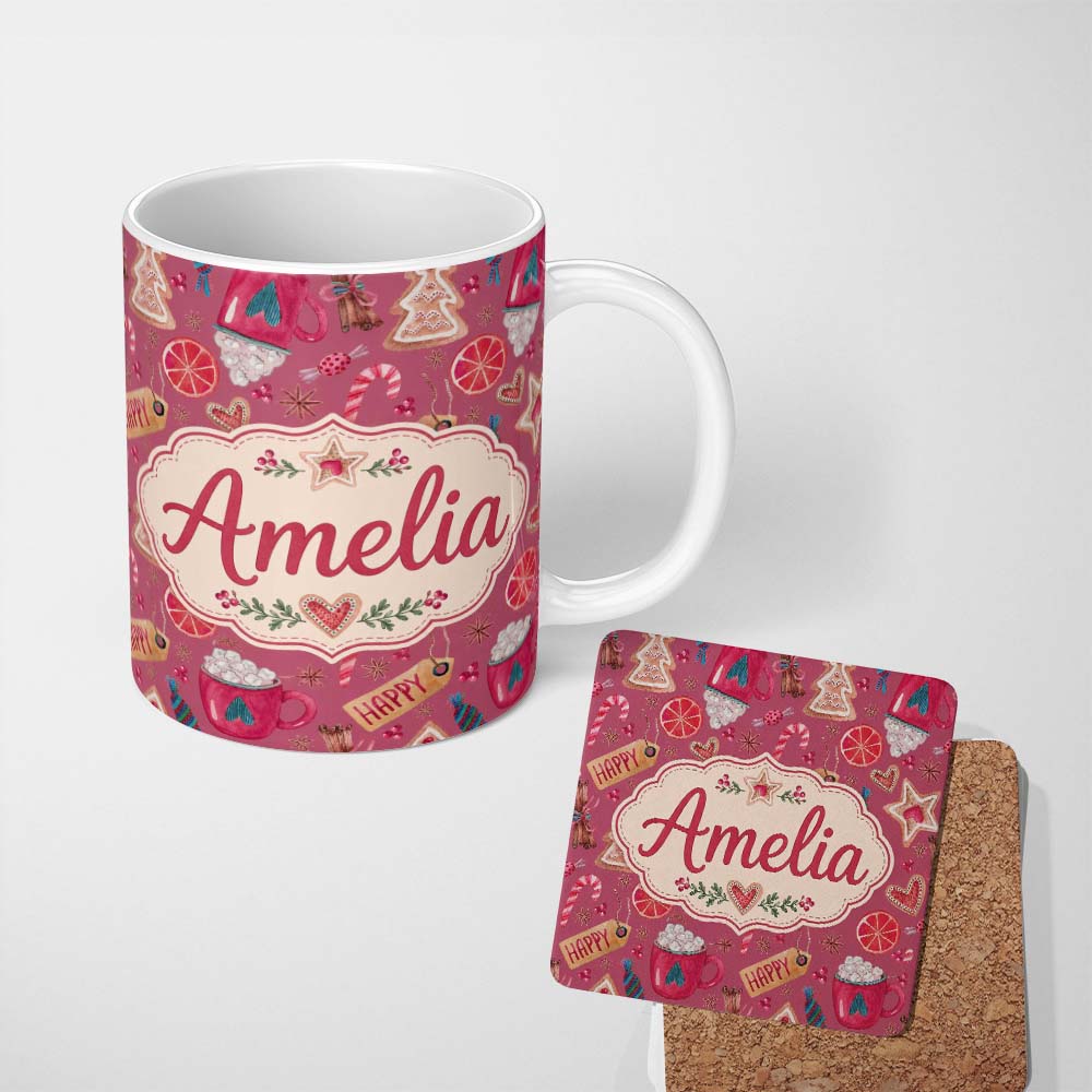 Personalized Custom Name Watercolor Christmas Cookies Candy Cane Orange Slice Mug Festive 11oz Ceramic Coffee Tea Mug White Large Handle