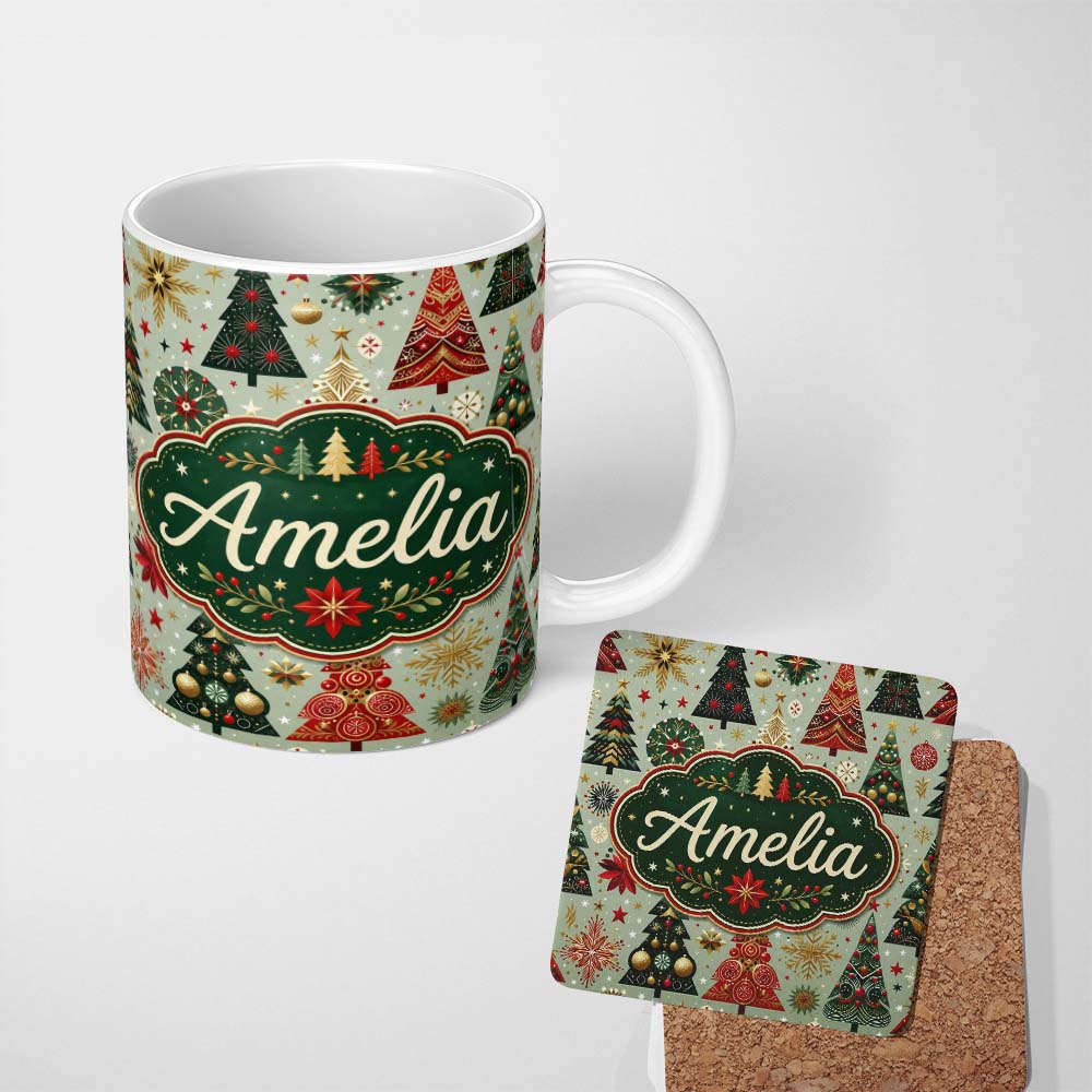 Personalized Custom Name Elegant Festive Christmas Trees Snowflakes Gold Red Holiday Seamless 11oz Ceramic Coffee Tea Mug White Large Handle