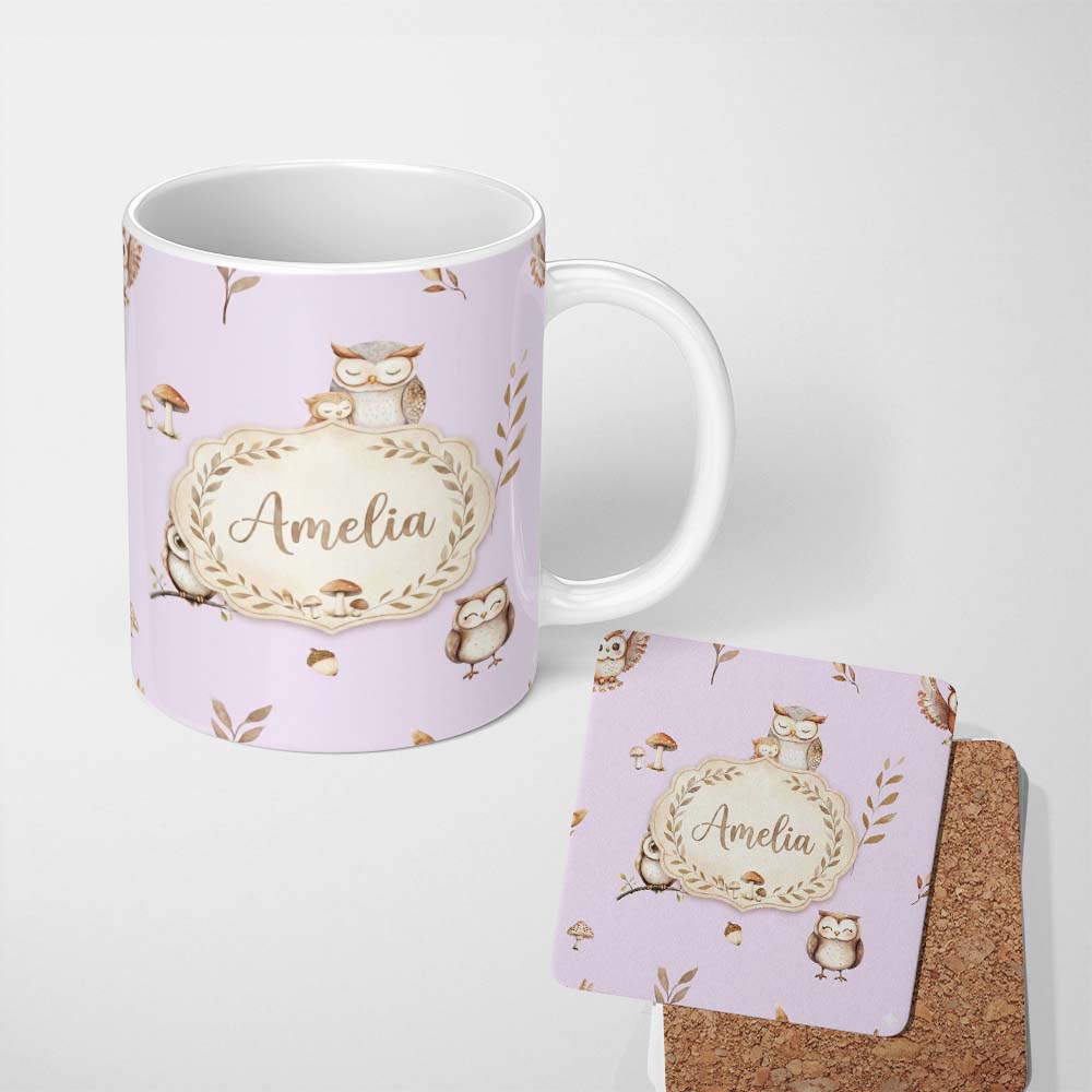 Personalized Custom Name Cute Woodland Owls Mushrooms and Leaves Soft Lavender Background 11oz Ceramic Coffee Tea Mug White Large Handle