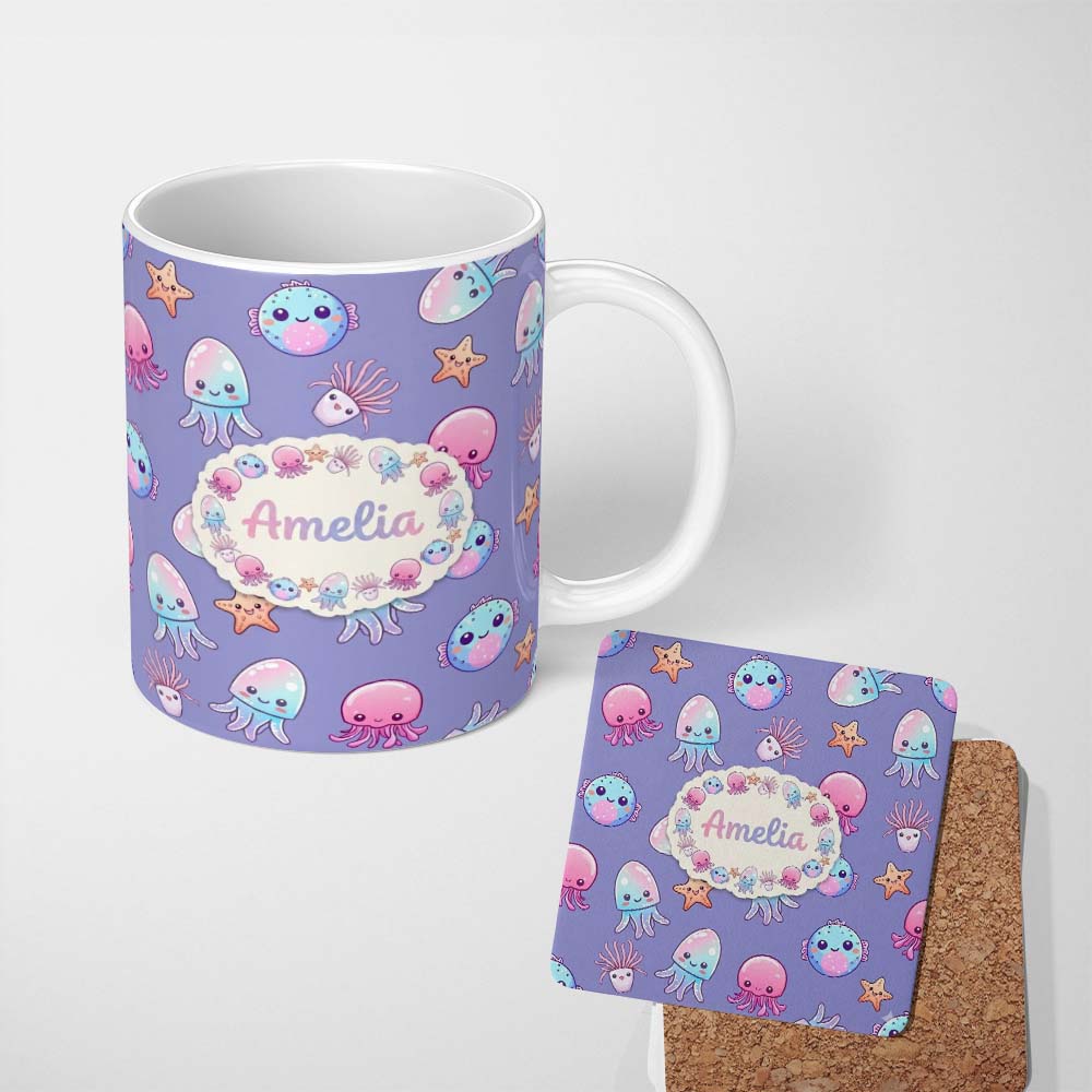 Personalized Custom Name Jellyfish Starfish and Cute Sea Creatures Lavender Purple Background 11oz Ceramic Coffee Tea Mug White Large Handle
